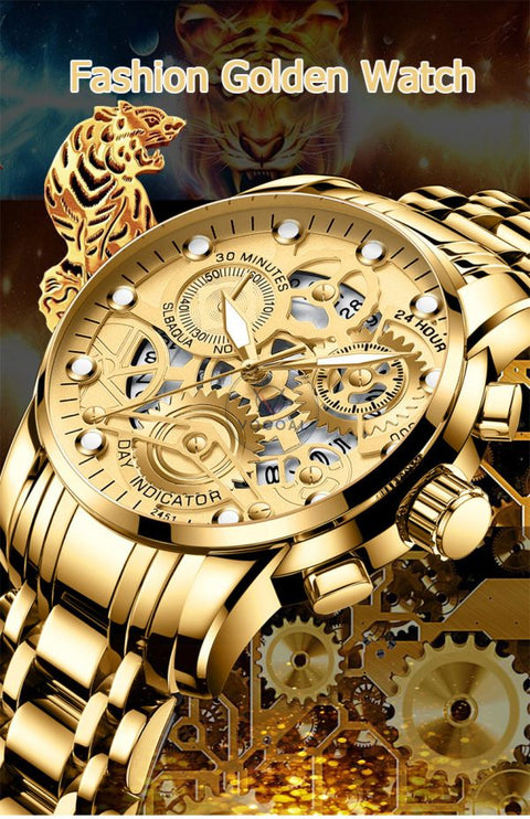 Stainless Steel Strap Binbond Fashion Watch With Smart Lock Watch For Men Multifunction Quartz Watch With Luminous Hands (golden)