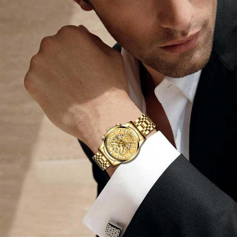Stainless Steel Strap Binbond Fashion Watch With Smart Lock Watch For Men Multifunction Quartz Watch With Luminous Hands (golden)