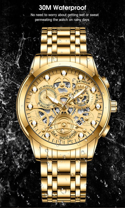 Stainless Steel Strap Binbond Fashion Watch With Smart Lock Watch For Men Multifunction Quartz Watch With Luminous Hands (golden)
